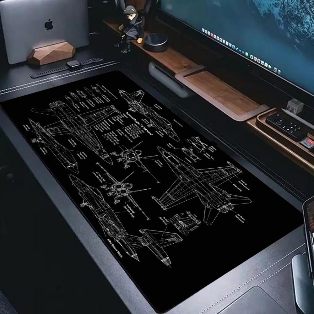 Retro Gaming Keyboard - Large Aviation Blueprint Mousepad Vintage Fighter
